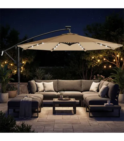 Parasol Excéntrico con Luces LED Solares 330x295 cm Sombrilla Jardín con Base Cruzada Manivela Funda Protectora Caqui