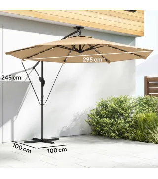 Parasol Excéntrico con Luces LED Solares 330x295 cm Sombrilla Jardín con Base Cruzada Manivela Funda Protectora Caqui