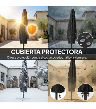 Parasol Excéntrico con Luces LED Solares 330x295 cm Sombrilla Jardín con Base Cruzada Manivela Funda Protectora Caqui