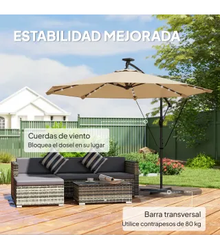 Parasol Excéntrico con Luces LED Solares 330x295 cm Sombrilla Jardín con Base Cruzada Manivela Funda Protectora Caqui