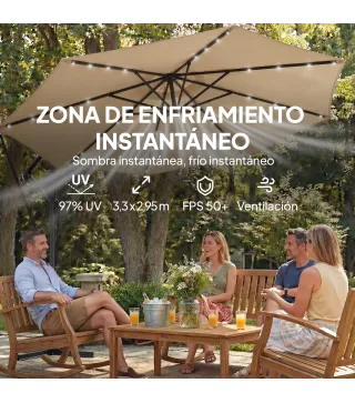 Parasol Excéntrico con Luces LED Solares 330x295 cm Sombrilla Jardín con Base Cruzada Manivela Funda Protectora Caqui