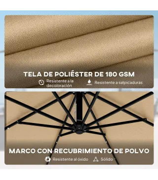 Parasol Excéntrico con Luces LED Solares 330x295 cm Sombrilla Jardín con Base Cruzada Manivela Funda Protectora Caqui