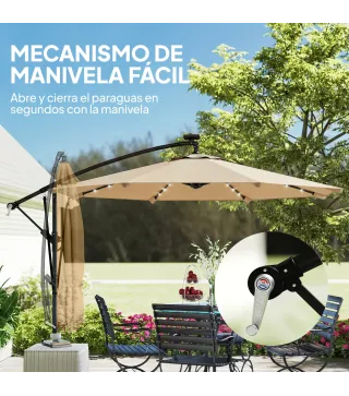 Parasol Excéntrico con Luces LED Solares 330x295 cm Sombrilla Jardín con Base Cruzada Manivela Funda Protectora Caqui