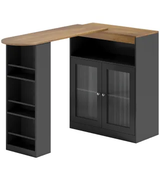 Mesa de Bar Extensible y Giratoria 90° con Estantes Abiertos y 2 Puertas de Vidrio 150x80x105,5 cm Negro y Natural