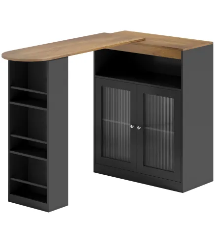 Mesa de Bar Extensible y Giratoria 90° con Estantes Abiertos y 2 Puertas de Vidrio 150x80x105,5 cm Negro y Natural