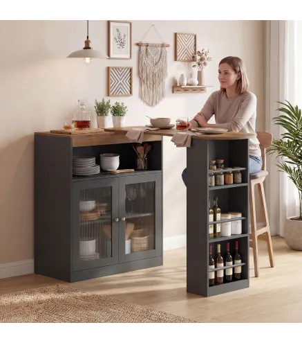 Mesa de Bar Extensible y Giratoria 90° con Estantes Abiertos y 2 Puertas de Vidrio 150x80x105,5 cm Negro y Natural