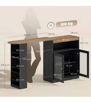 Mesa de Bar Extensible y Giratoria 90° con Estantes Abiertos y 2 Puertas de Vidrio 150x80x105,5 cm Negro y Natural