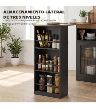 Mesa de Bar Extensible y Giratoria 90° con Estantes Abiertos y 2 Puertas de Vidrio 150x80x105,5 cm Negro y Natural