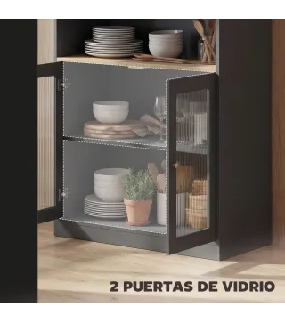 Mesa de Bar Extensible y Giratoria 90° con Estantes Abiertos y 2 Puertas de Vidrio 150x80x105,5 cm Negro y Natural