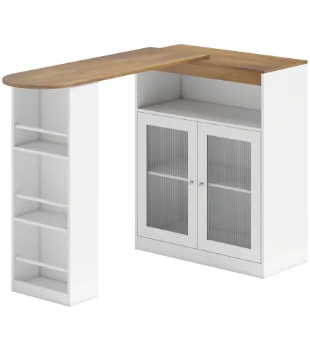 Mesa de Bar Extensible y Giratoria 90° con Estantes Abiertos y 2 Puertas de Vidrio 150x80x105,5 cm Blanco y Natural