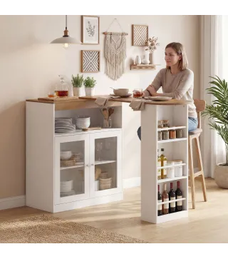 Mesa de Bar Extensible y Giratoria 90° con Estantes Abiertos y 2 Puertas de Vidrio 150x80x105,5 cm Blanco y Natural