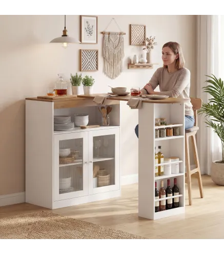 Mesa de Bar Extensible y Giratoria 90° con Estantes Abiertos y 2 Puertas de Vidrio 150x80x105,5 cm Blanco y Natural