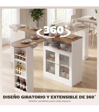 Mesa de Bar Extensible y Giratoria 90° con Estantes Abiertos y 2 Puertas de Vidrio 150x80x105,5 cm Blanco y Natural
