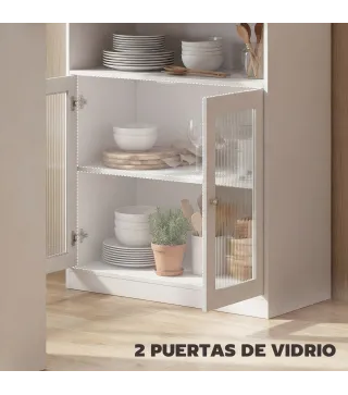 Mesa de Bar Extensible y Giratoria 90° con Estantes Abiertos y 2 Puertas de Vidrio 150x80x105,5 cm Blanco y Natural