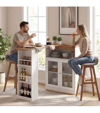 Mesa de Bar Extensible y Giratoria 90° con Estantes Abiertos y 2 Puertas de Vidrio 150x80x105,5 cm Blanco y Natural