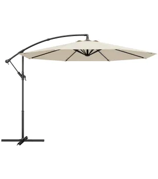 Parasol Excéntrico Ø300 cm con Base Cruzada Toldo Ajustable y Manivela UPF30+ para Terraza Patio Blanco Crema