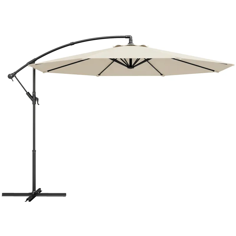 Parasol Excéntrico Ø300 cm con Base Cruzada Toldo Ajustable y Manivela UPF30+ para Terraza Patio Blanco Crema