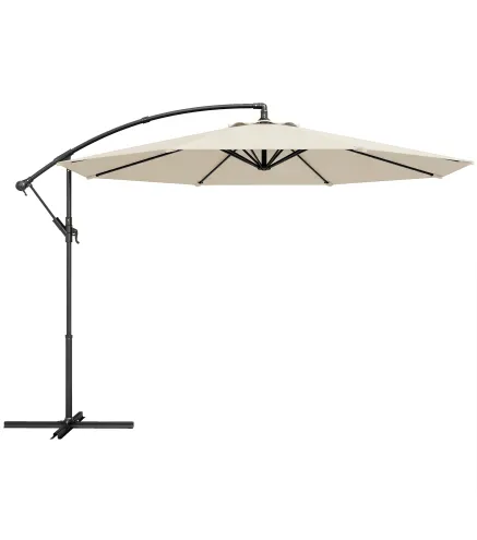 Parasol Excéntrico Ø300 cm con Base Cruzada Toldo Ajustable y Manivela UPF30+ para Terraza Patio Blanco Crema