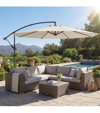 Parasol Excéntrico Ø300 cm con Base Cruzada Toldo Ajustable y Manivela UPF30+ para Terraza Patio Blanco Crema