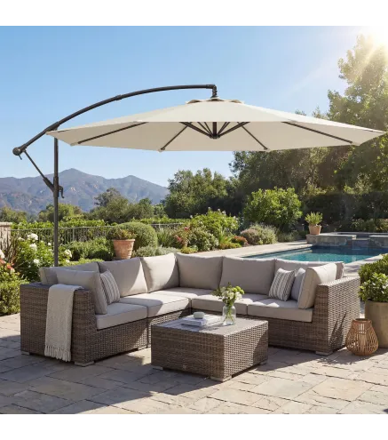Parasol Excéntrico Ø300 cm con Base Cruzada Toldo Ajustable y Manivela UPF30+ para Terraza Patio Blanco Crema