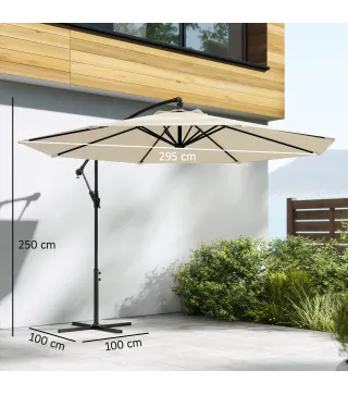 Parasol Excéntrico Ø300 cm con Base Cruzada Toldo Ajustable y Manivela UPF30+ para Terraza Patio Blanco Crema