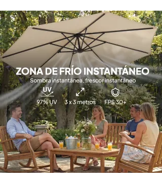 Parasol Excéntrico Ø300 cm con Base Cruzada Toldo Ajustable y Manivela UPF30+ para Terraza Patio Blanco Crema