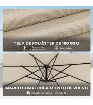 Parasol Excéntrico Ø300 cm con Base Cruzada Toldo Ajustable y Manivela UPF30+ para Terraza Patio Blanco Crema