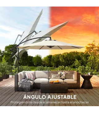 Parasol Excéntrico Ø300 cm con Base Cruzada Toldo Ajustable y Manivela UPF30+ para Terraza Patio Blanco Crema