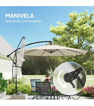 Parasol Excéntrico Ø300 cm con Base Cruzada Toldo Ajustable y Manivela UPF30+ para Terraza Patio Blanco Crema