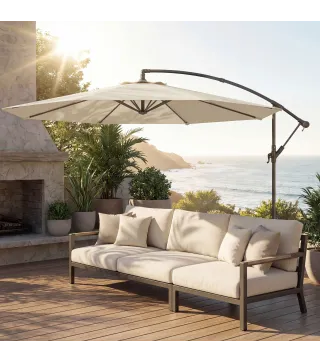 Parasol Excéntrico Ø300 cm con Base Cruzada Toldo Ajustable y Manivela UPF30+ para Terraza Patio Blanco Crema