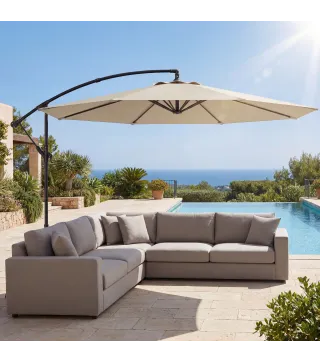 Parasol Excéntrico Ø300 cm con Base Cruzada Toldo Ajustable y Manivela UPF30+ para Terraza Patio Blanco Crema