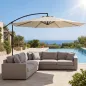 Parasol Excéntrico Ø300 cm con Base Cruzada Toldo Ajustable y Manivela UPF30+ para Terraza Patio Blanco Crema