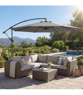 Parasol Excéntrico Ø300 cm con Base Cruzada Toldo Ajustable y Manivela UPF30+ para Terraza Patio Gris