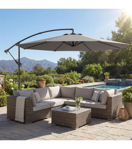 Parasol Excéntrico Ø300 cm con Base Cruzada Toldo Ajustable y Manivela UPF30+ para Terraza Patio Gris