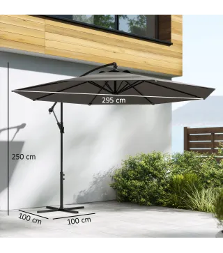 Parasol Excéntrico Ø300 cm con Base Cruzada Toldo Ajustable y Manivela UPF30+ para Terraza Patio Gris