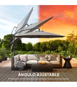 Parasol Excéntrico Ø300 cm con Base Cruzada Toldo Ajustable y Manivela UPF30+ para Terraza Patio Gris
