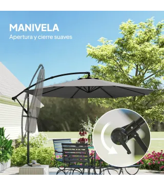 Parasol Excéntrico Ø300 cm con Base Cruzada Toldo Ajustable y Manivela UPF30+ para Terraza Patio Gris