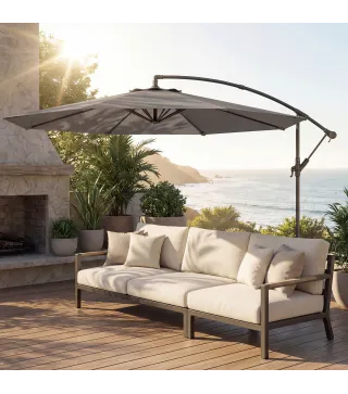Parasol Excéntrico Ø300 cm con Base Cruzada Toldo Ajustable y Manivela UPF30+ para Terraza Patio Gris