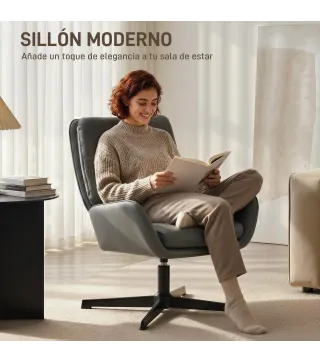 Butaca de Salón Tapizado en PU Sillón Lectura con Asiento Acolchado Reposabrazos Patas Metálicas Gris