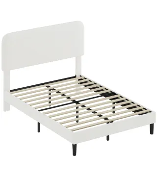 Estructura de Cama Doble con Cabecero Ajustable en Altura Tapizada en Borreguito Listones de Soporte Blanco