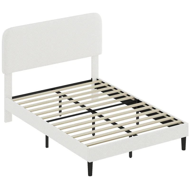 Estructura de Cama Doble con Cabecero Ajustable en Altura Tapizada en Borreguito Listones de Soporte Blanco