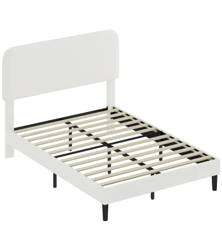 Estructura de Cama Doble con Cabecero Ajustable en Altura Tapizada en Borreguito Listones de Soporte Blanco