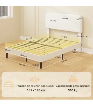 Estructura de Cama Doble con Cabecero Ajustable en Altura Tapizada en Borreguito Listones de Soporte Blanco