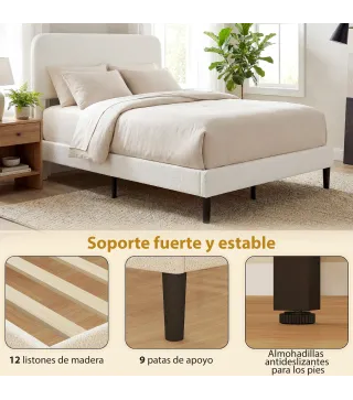 Estructura de Cama Doble con Cabecero Ajustable en Altura Tapizada en Borreguito Listones de Soporte Blanco