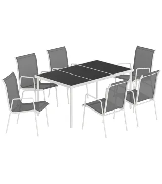 Conjunto de Mesa y Sillas Jardín con Mesa de Vidrio Templado 6 Sillas Apilables Transpirables para Terraza Gris