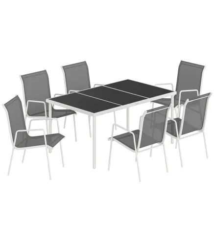 Conjunto de Mesa y Sillas Jardín con Mesa de Vidrio Templado 6 Sillas Apilables Transpirables para Terraza Gris