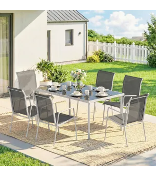 Conjunto de Mesa y Sillas Jardín con Mesa de Vidrio Templado 6 Sillas Apilables Transpirables para Terraza Gris