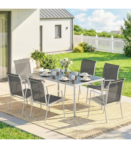 Conjunto de Mesa y Sillas Jardín con Mesa de Vidrio Templado 6 Sillas Apilables Transpirables para Terraza Gris