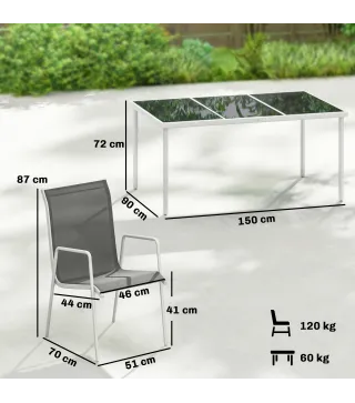 Conjunto de Mesa y Sillas Jardín con Mesa de Vidrio Templado 6 Sillas Apilables Transpirables para Terraza Gris
