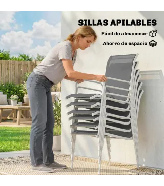 Conjunto de Mesa y Sillas Jardín con Mesa de Vidrio Templado 6 Sillas Apilables Transpirables para Terraza Gris